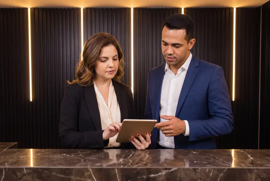 A dona do salão preenche o cadastro no tablet enquanto o distribuidor orienta