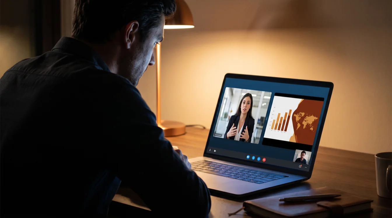 Reunião online: o gerente de distribuição apresenta o modelo ao futuro distribuidor pela tela do notebook