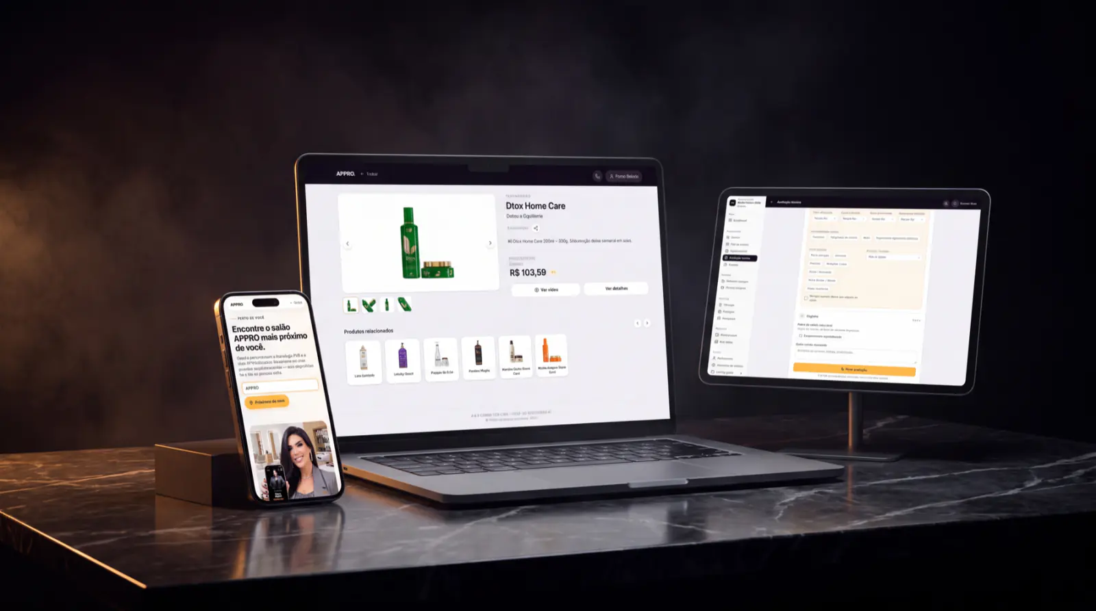 Menu digital no notebook, avaliação técnica da EVA no tablet e localizador de salões no celular